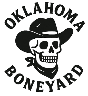 Logo of Oklahoma Boneyard with a skull wearing a cowboy hat and bandana.